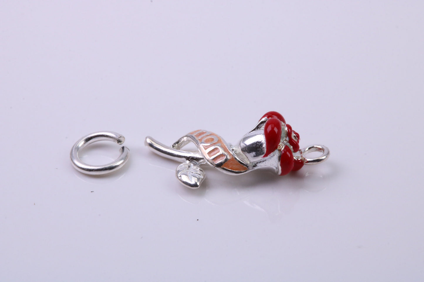 Red Mum Rose Flower Charm, Traditional Charm, Made from Solid 925 Grade Sterling Silver, Complete with Attachment Link