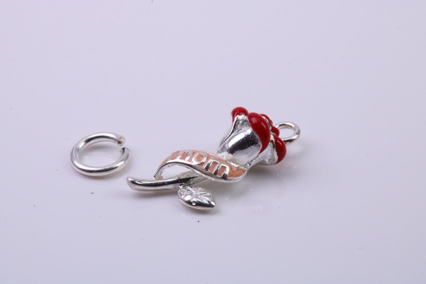 Red Mum Rose Flower Charm, Traditional Charm, Made from Solid 925 Grade Sterling Silver, Complete with Attachment Link
