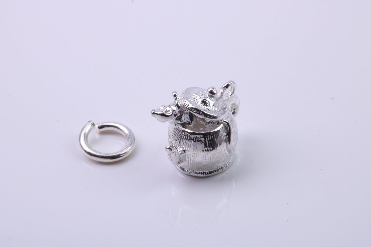Mouse in Teapot Charm, Traditional Charm, Made from Solid 925 Grade Sterling Silver, Complete with Attachment Link
