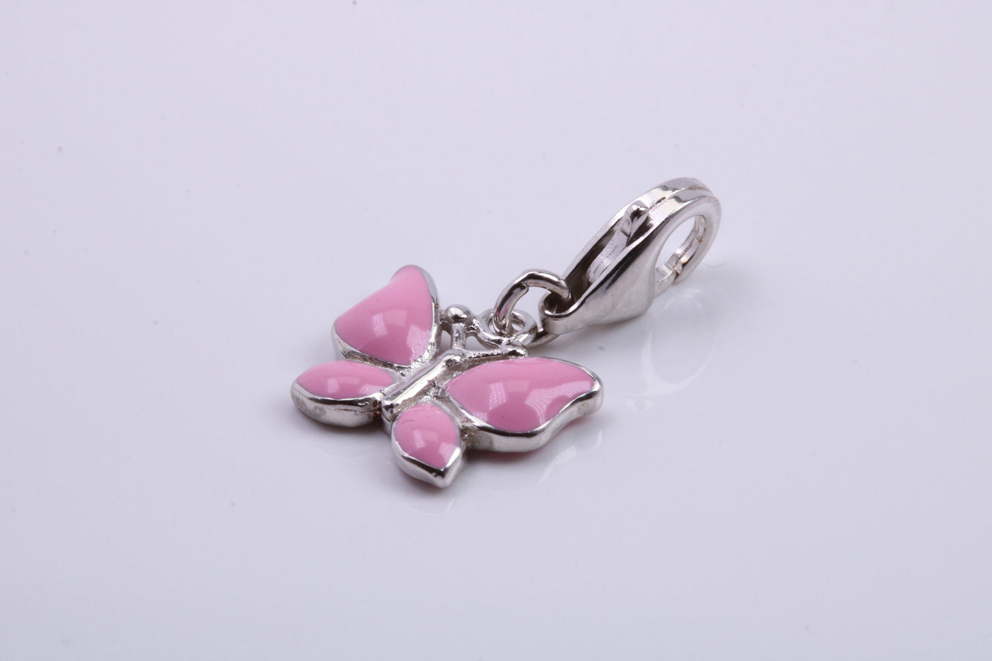 Pink Butterfly Charm, Traditional Charm, Made from Solid 925 Grade Sterling Silver, Complete with Attachment Link