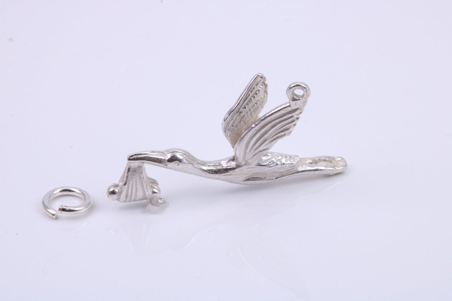 Flying Stork Delivering Baby Charm, Traditional Charm, Made from Solid 925 Grade Sterling Silver, Complete with Attachment Link