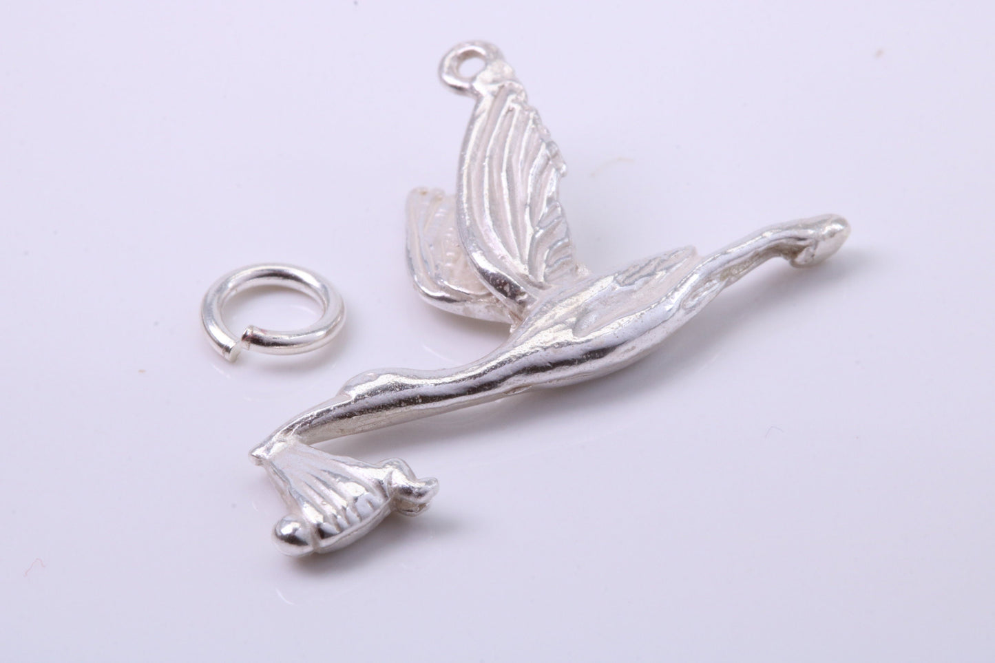 Flying Stork Delivering Baby Charm, Traditional Charm, Made from Solid 925 Grade Sterling Silver, Complete with Attachment Link