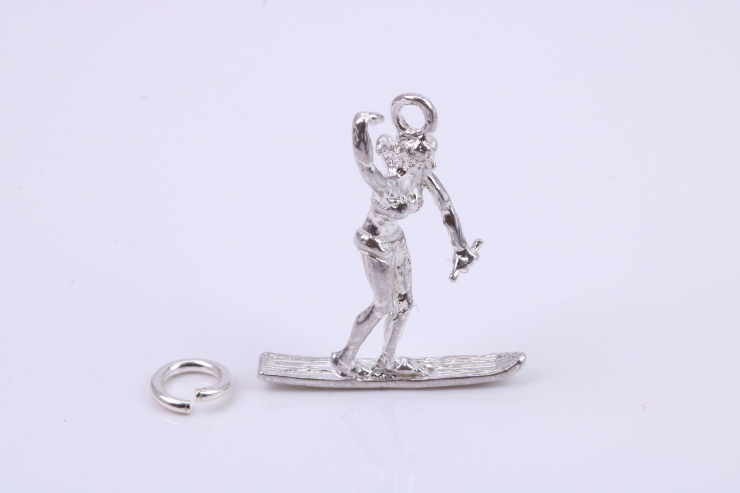Girl Water Skiing Charm, Traditional Charm, Made from Solid 925 Grade Sterling Silver, Complete with Attachment Link