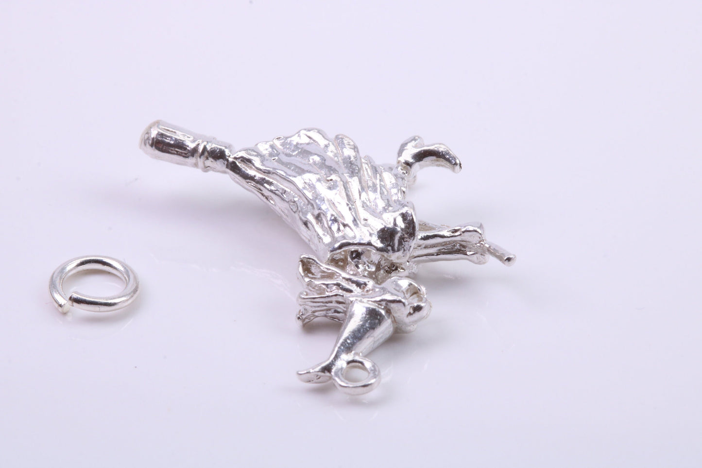 Witch on Broom Stick Charm, Traditional Charm, Made from Solid 925 Grade Sterling Silver, Complete with Attachment Link