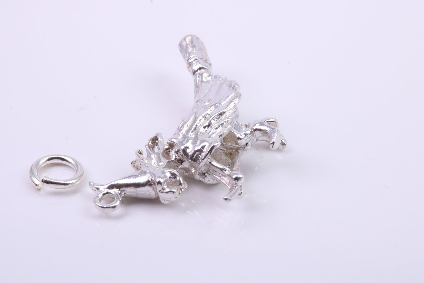 Witch on Broom Stick Charm, Traditional Charm, Made from Solid 925 Grade Sterling Silver, Complete with Attachment Link