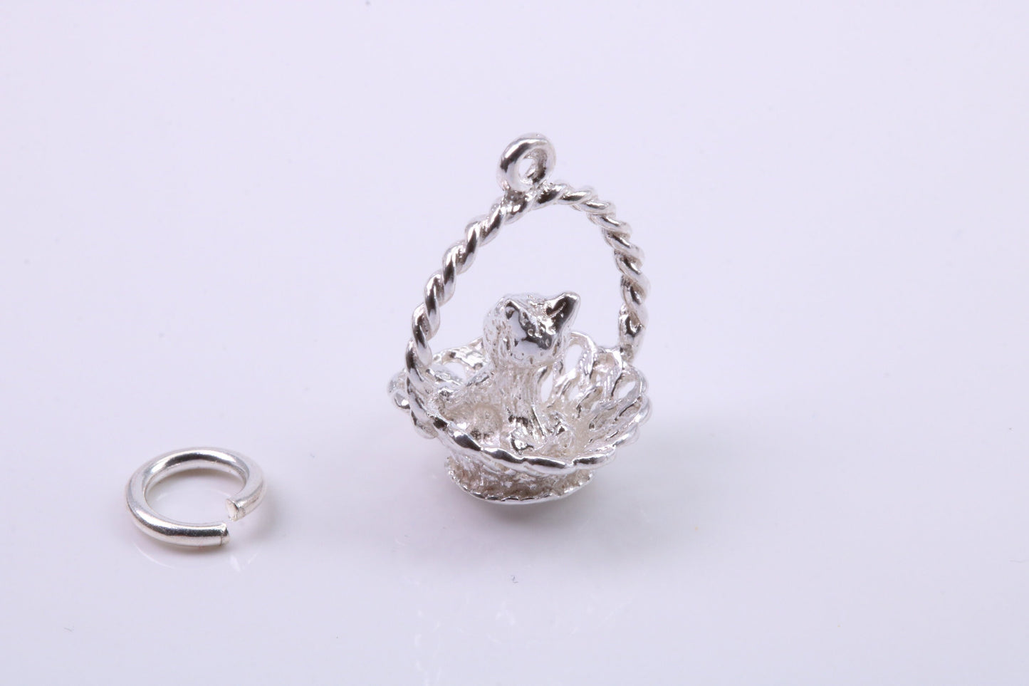 Cat in Basket Charm, Traditional Charm, Made from Solid 925 Grade Sterling Silver, Complete with Attachment Link