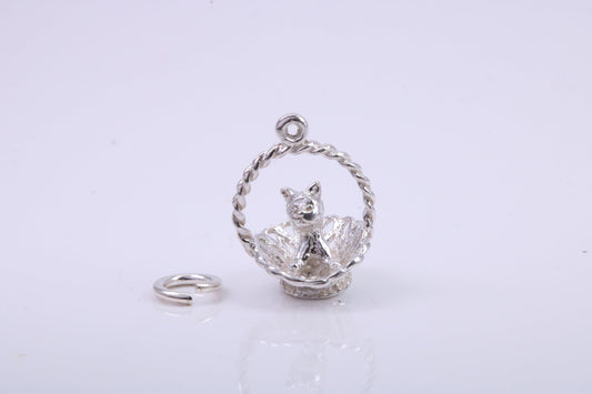 Cat in Basket Charm, Traditional Charm, Made from Solid 925 Grade Sterling Silver, Complete with Attachment Link