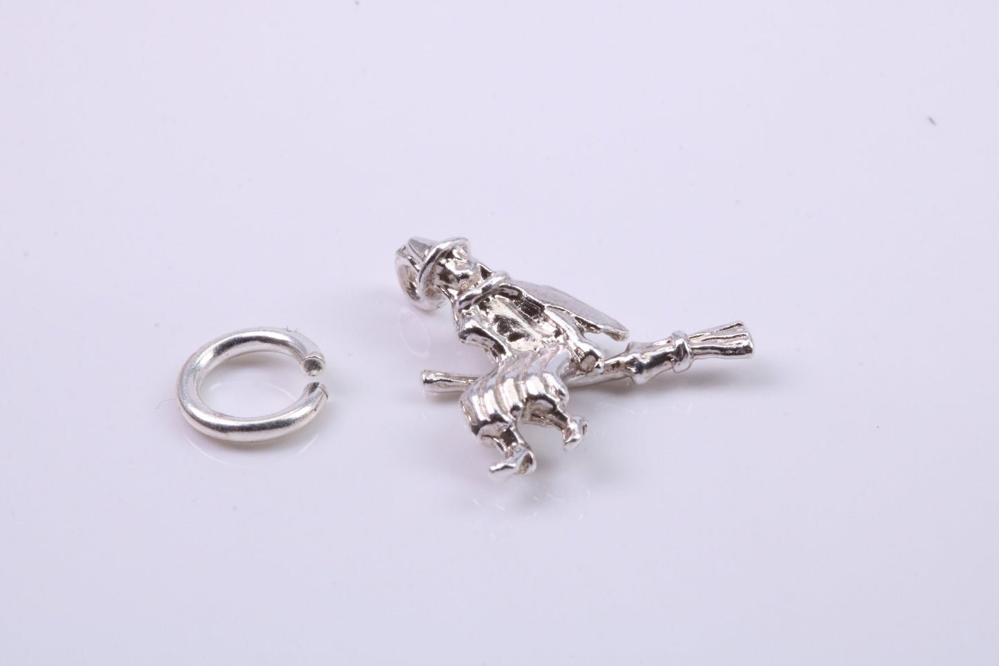 Witch on Broom Stick Charm, Traditional Charm, Made from Solid 925 Grade Sterling Silver, Complete with Attachment Link