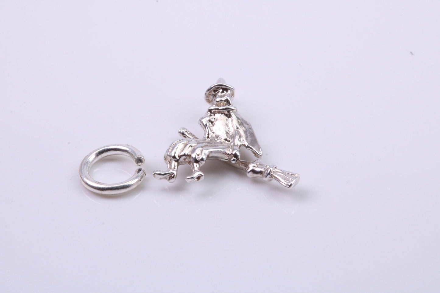 Witch on Broom Stick Charm, Traditional Charm, Made from Solid 925 Grade Sterling Silver, Complete with Attachment Link