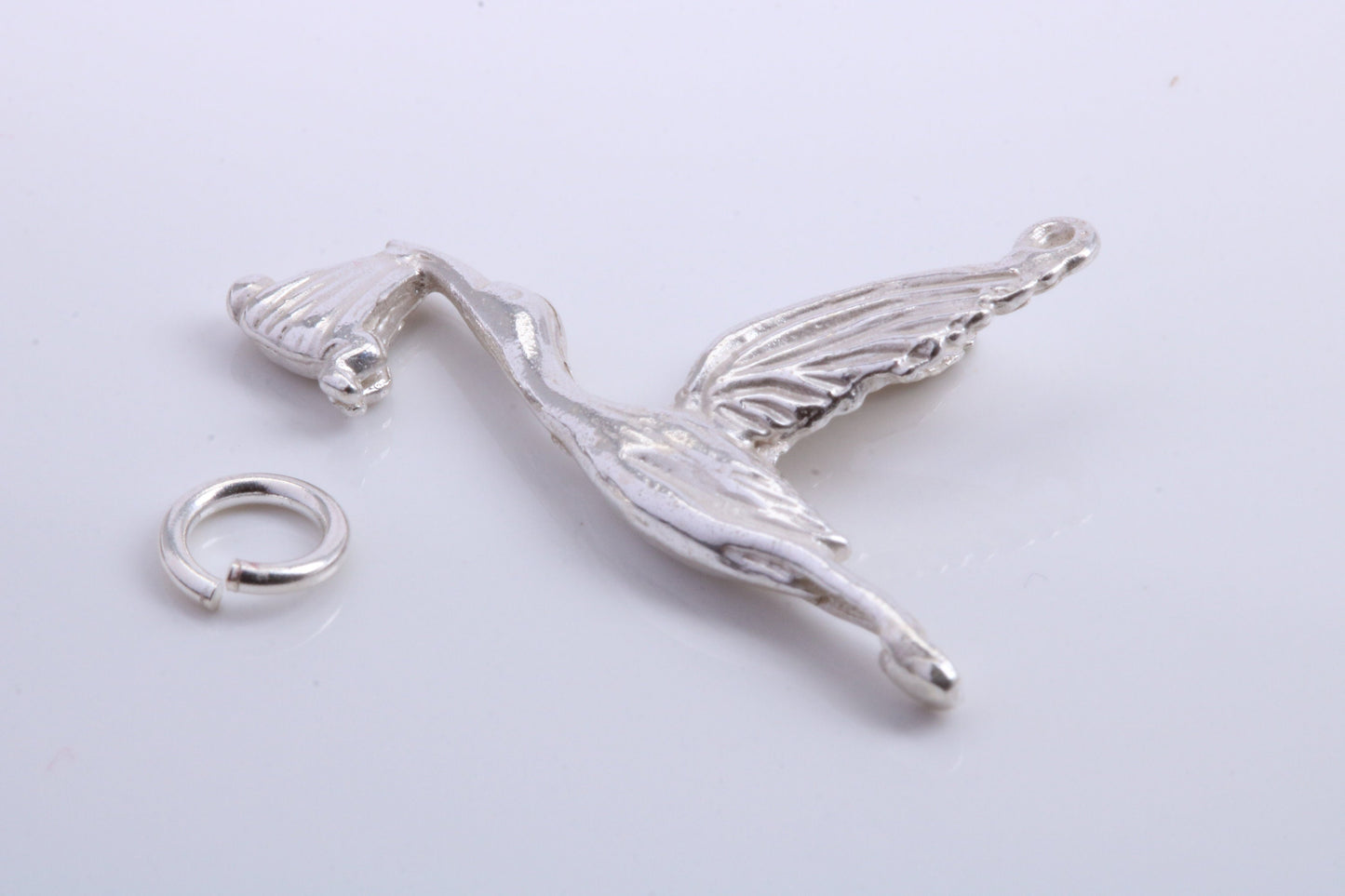 Flying Stork Delivering Baby Charm, Traditional Charm, Made from Solid 925 Grade Sterling Silver, Complete with Attachment Link