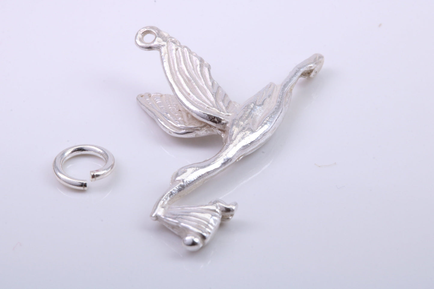 Flying Stork Delivering Baby Charm, Traditional Charm, Made from Solid 925 Grade Sterling Silver, Complete with Attachment Link