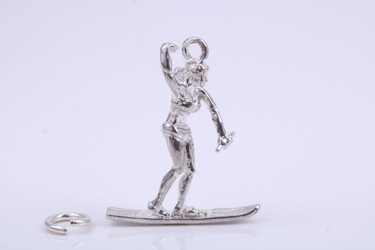 Girl Water Skiing Charm, Traditional Charm, Made from Solid 925 Grade Sterling Silver, Complete with Attachment Link