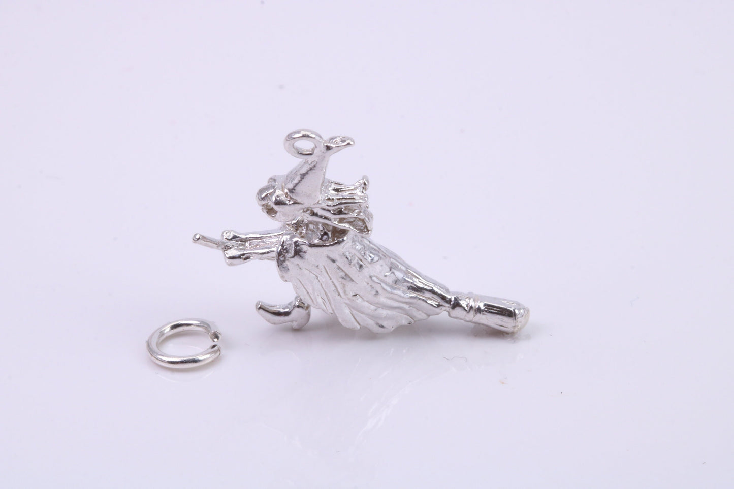 Witch on Broom Stick Charm, Traditional Charm, Made from Solid 925 Grade Sterling Silver, Complete with Attachment Link