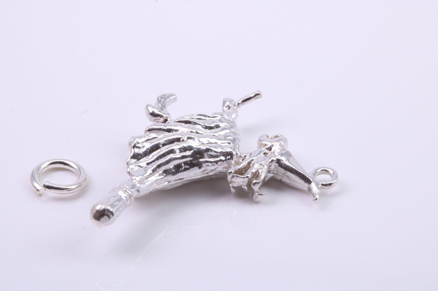 Witch on Broom Stick Charm, Traditional Charm, Made from Solid 925 Grade Sterling Silver, Complete with Attachment Link