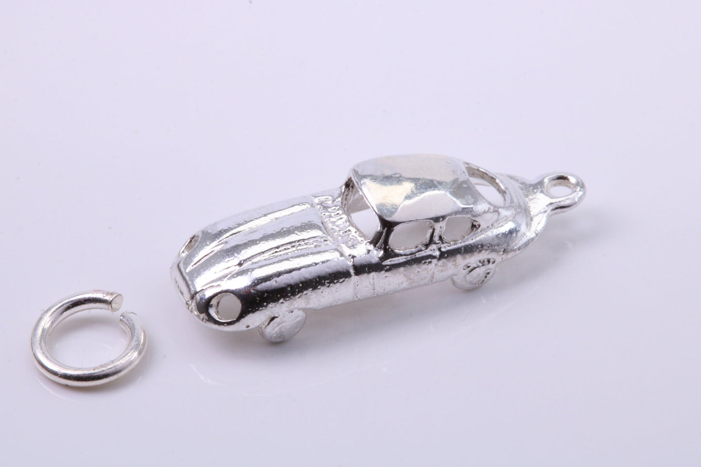 E Type Jaguar Car Charm, Traditional Charm, Made from Solid 925 Grade Sterling Silver, Complete with Attachment Link