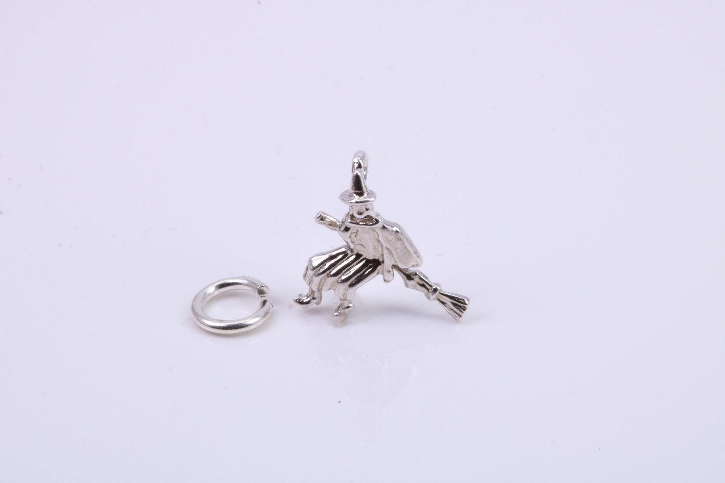 Witch on Broom Stick Charm, Traditional Charm, Made from Solid 925 Grade Sterling Silver, Complete with Attachment Link