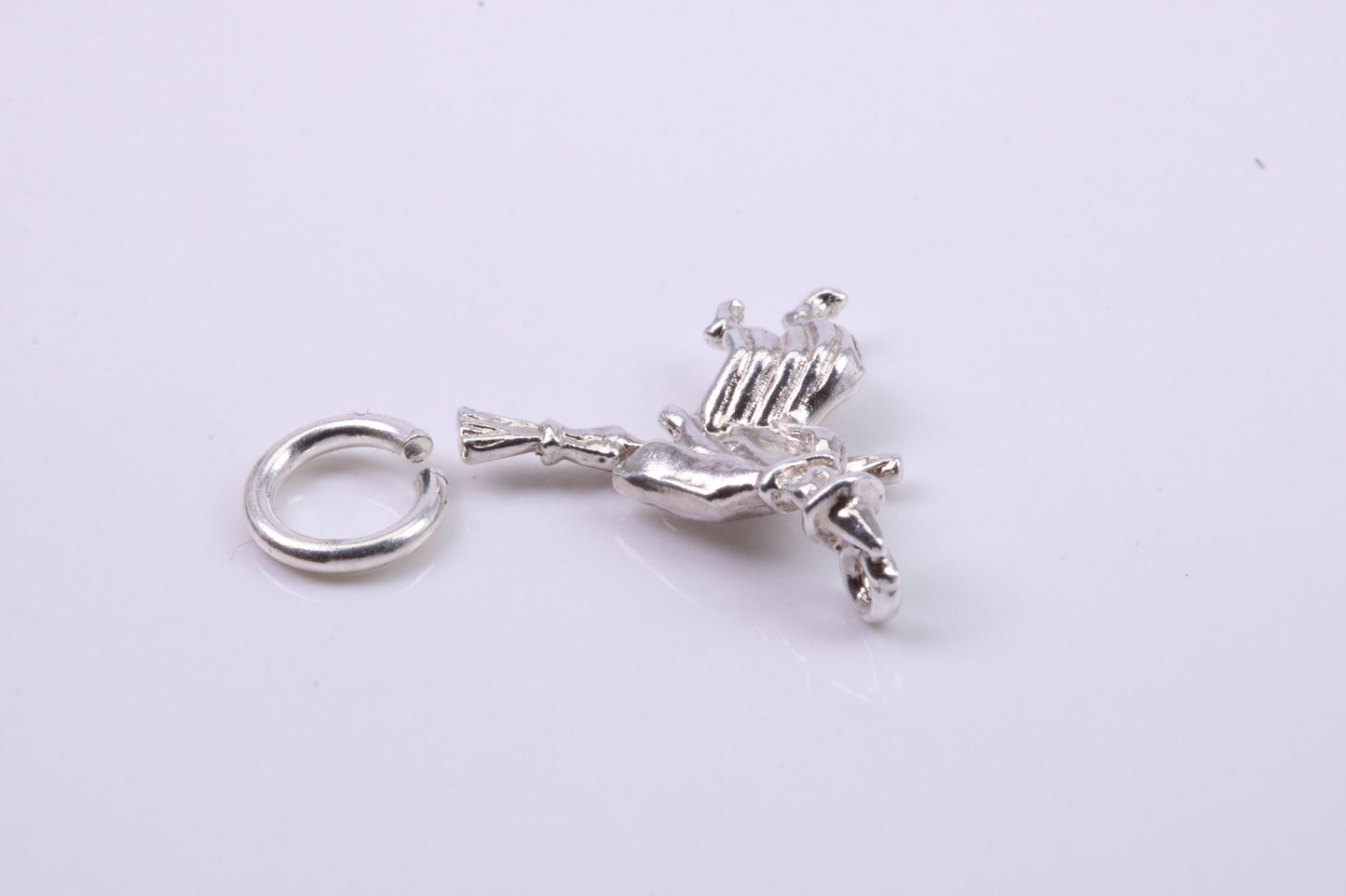 Witch on Broom Stick Charm, Traditional Charm, Made from Solid 925 Grade Sterling Silver, Complete with Attachment Link