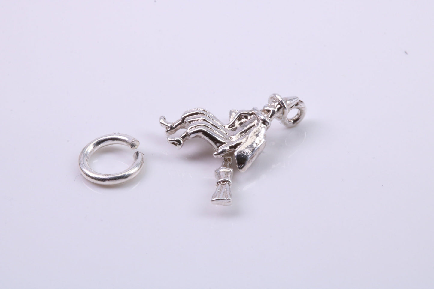 Witch on Broom Stick Charm, Traditional Charm, Made from Solid 925 Grade Sterling Silver, Complete with Attachment Link