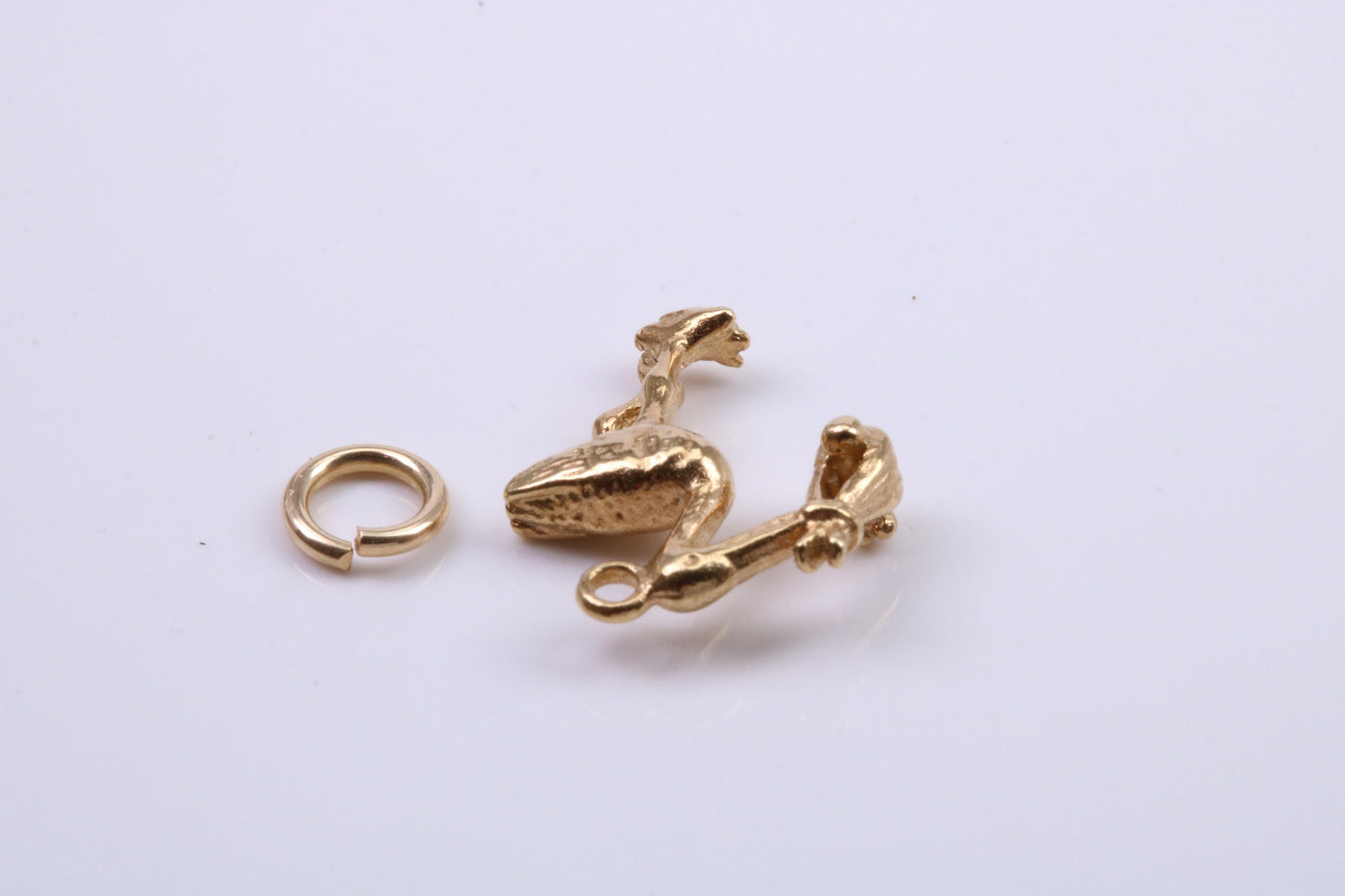 Flying Stork Delivering Baby Charm, Traditional Charm, Made from Solid 9ct Yellow Gold, British Hallmarked, Complete with Attachment Link