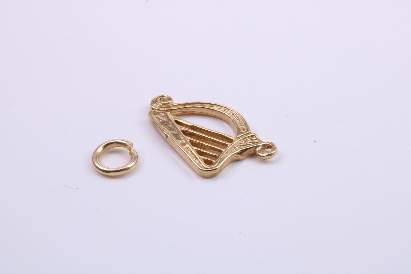 Harp Charm, Traditional Charm, Made from Solid 9ct Yellow Gold, British Hallmarked, Complete with Attachment Link