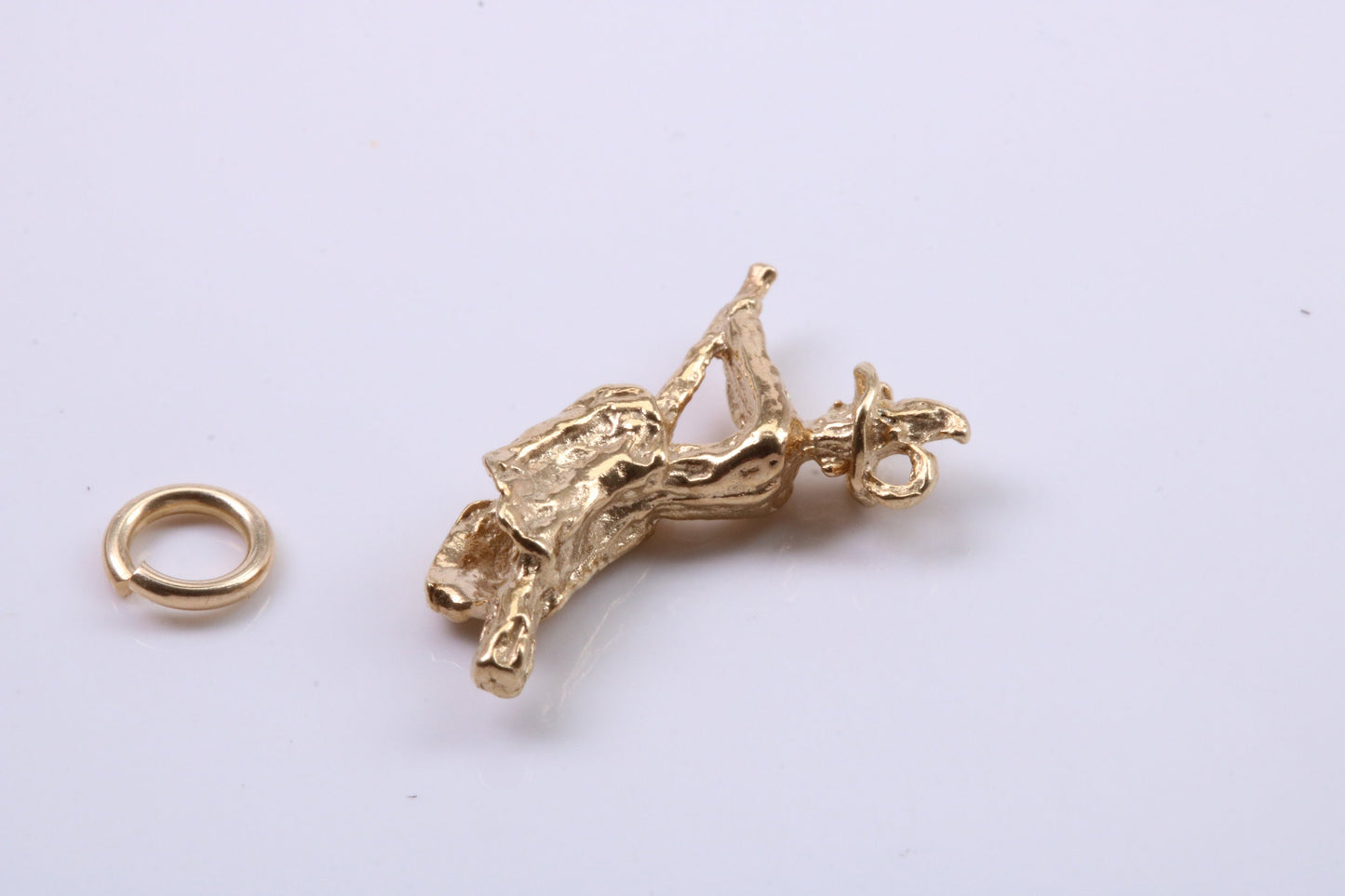 Witch on Broom Stick Charm, Traditional Charm, Made from Solid 9ct Yellow Gold, British Hallmarked, Complete with Attachment Link
