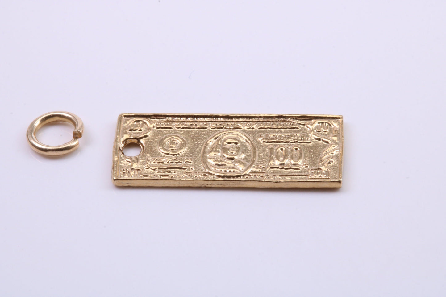 100 Dollar Bill Charm, Traditional Charm, Made from Solid 9ct Yellow Gold, British Hallmarked, Complete with Attachment Link