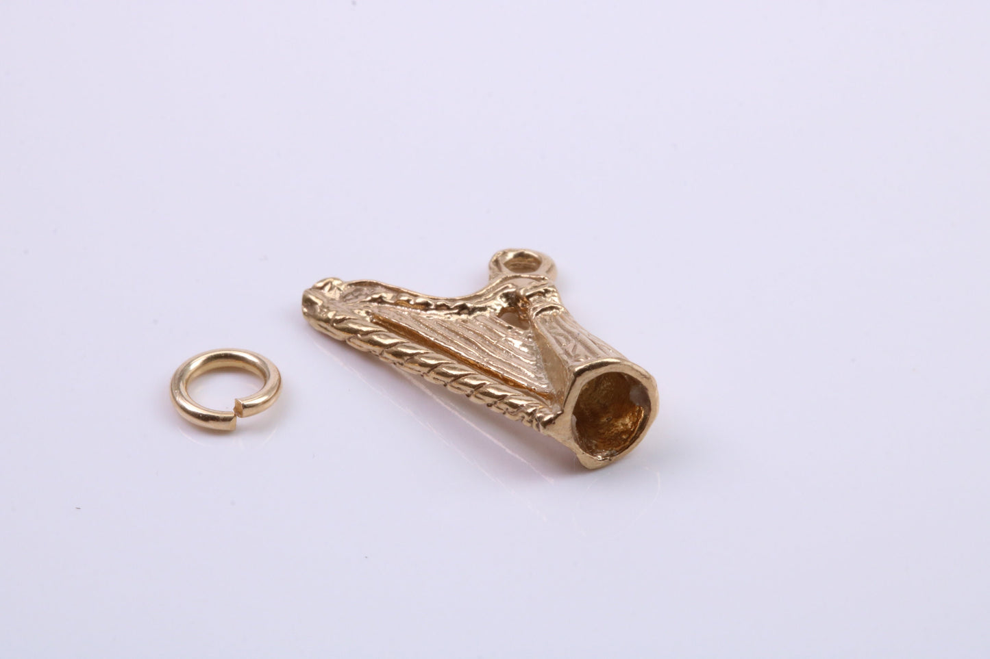 Harp Charm, Traditional Charm, Made from Solid 9ct Yellow Gold, British Hallmarked, Complete with Attachment Link