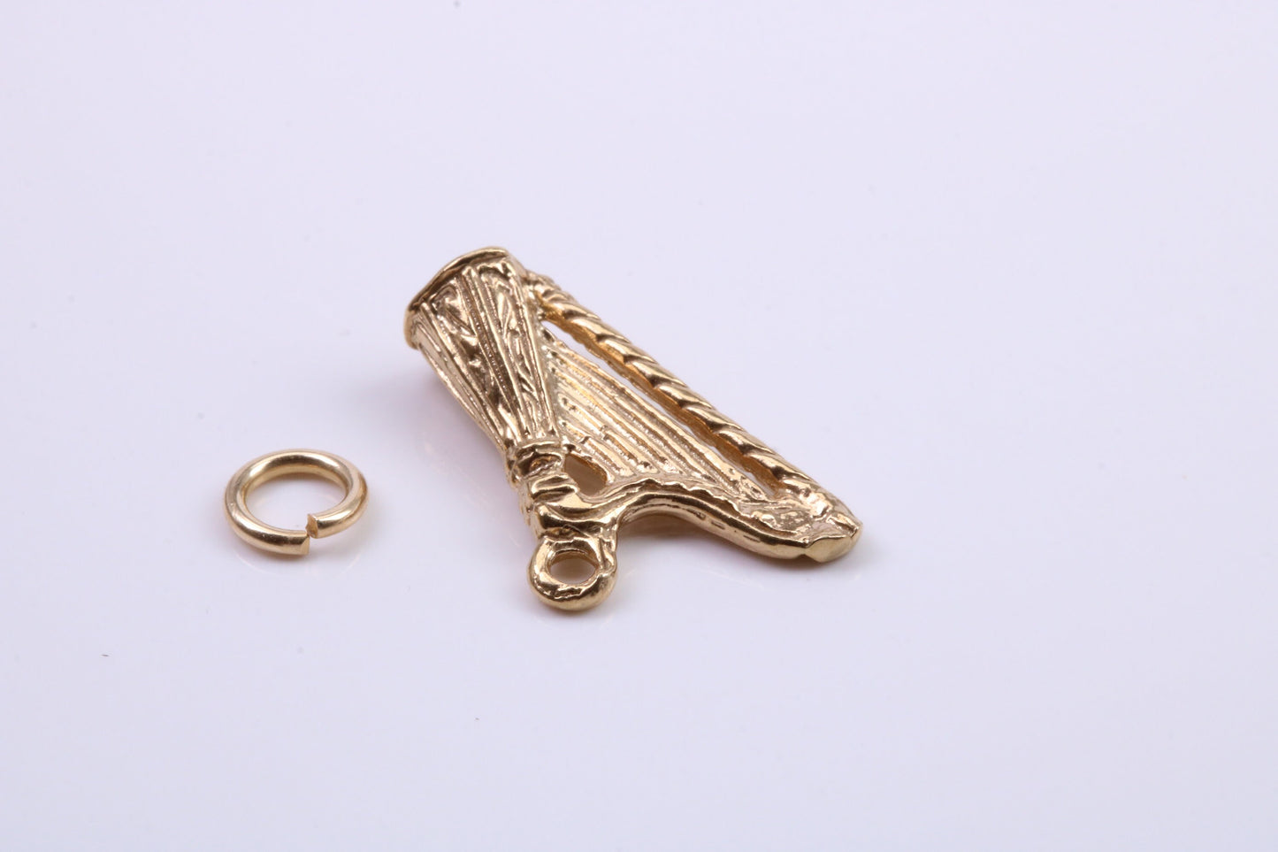 Harp Charm, Traditional Charm, Made from Solid 9ct Yellow Gold, British Hallmarked, Complete with Attachment Link
