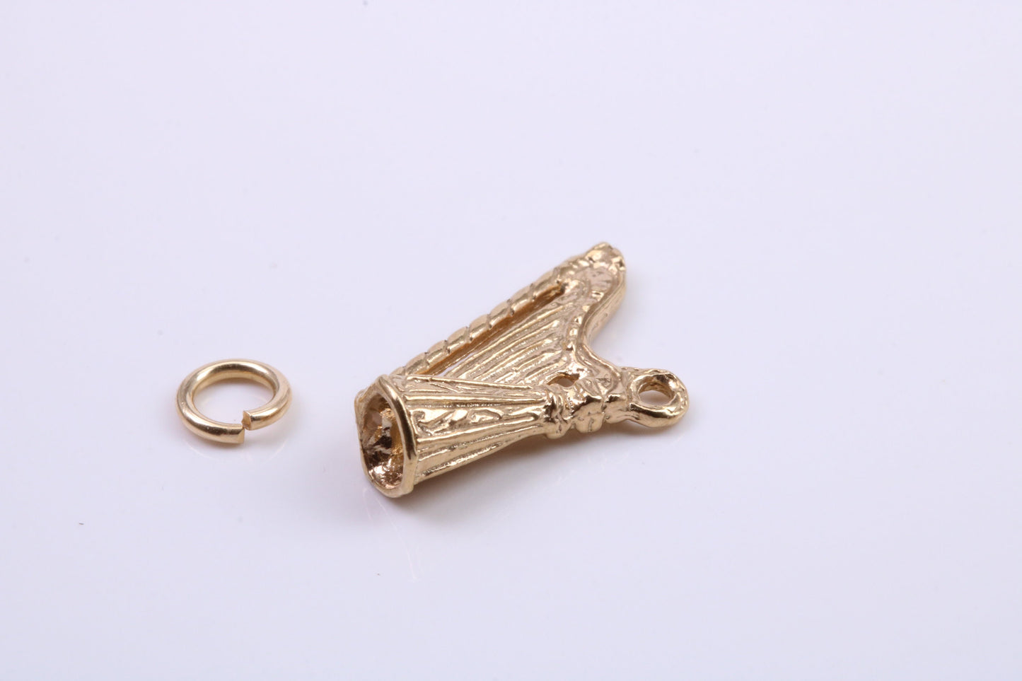 Harp Charm, Traditional Charm, Made from Solid 9ct Yellow Gold, British Hallmarked, Complete with Attachment Link