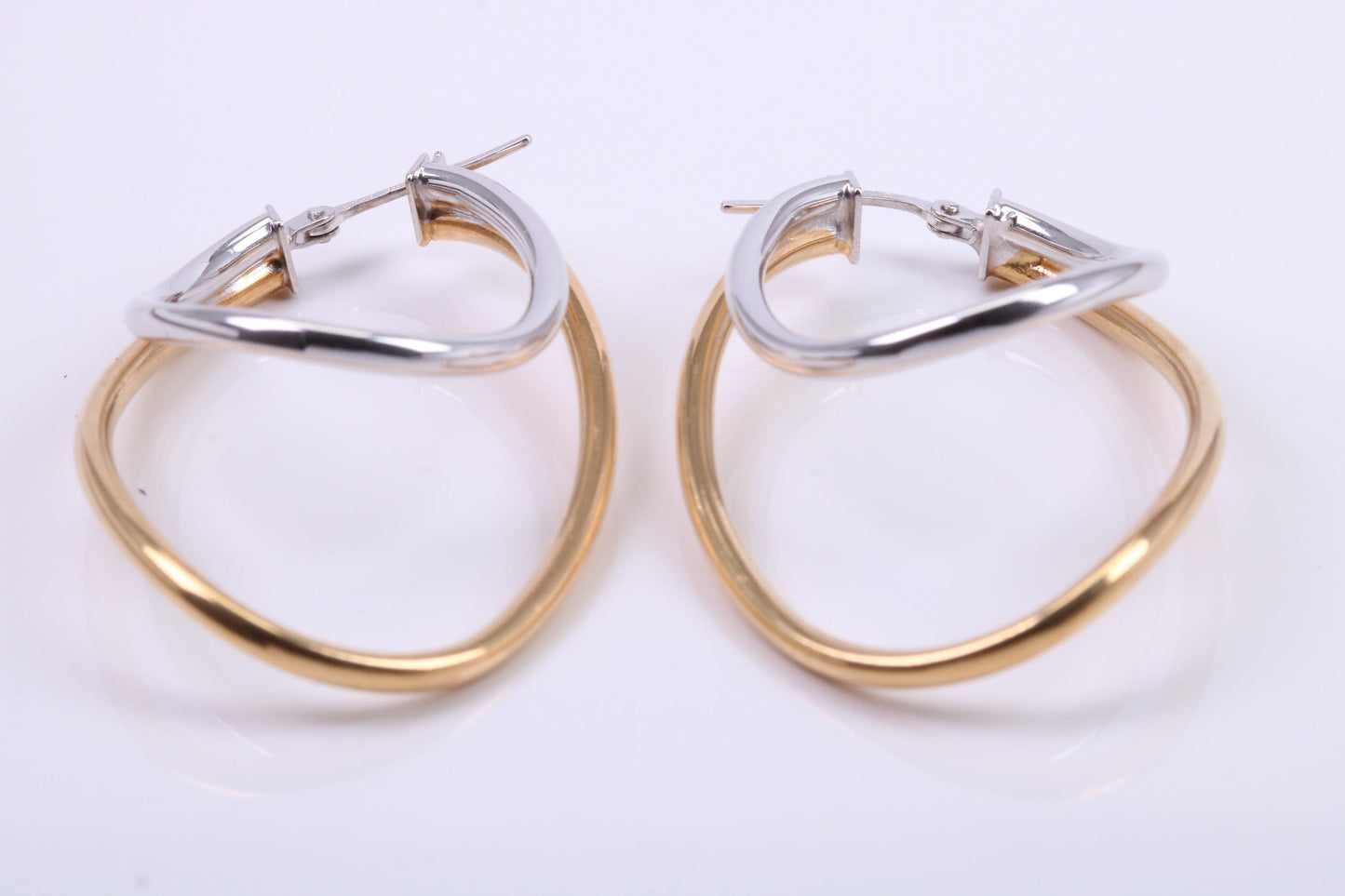 Large 41 mm Long Two Colour Hoop Creole Earrings Made from 9ct Yellow and White Gold, British Hallmarked