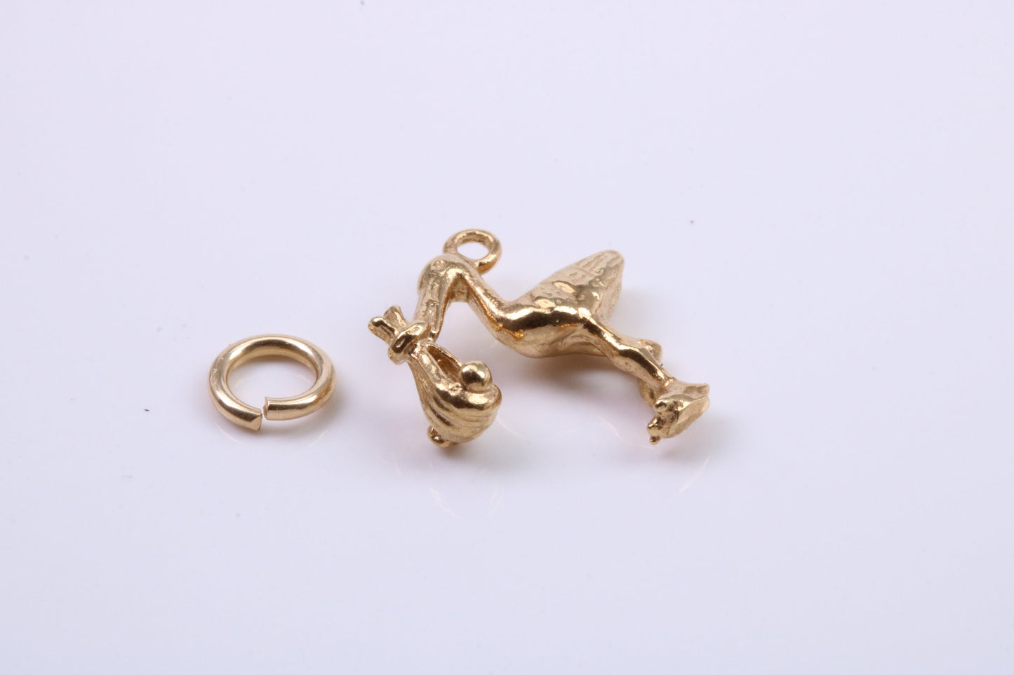 Flying Stork Delivering Baby Charm, Traditional Charm, Made from Solid 9ct Yellow Gold, British Hallmarked, Complete with Attachment Link