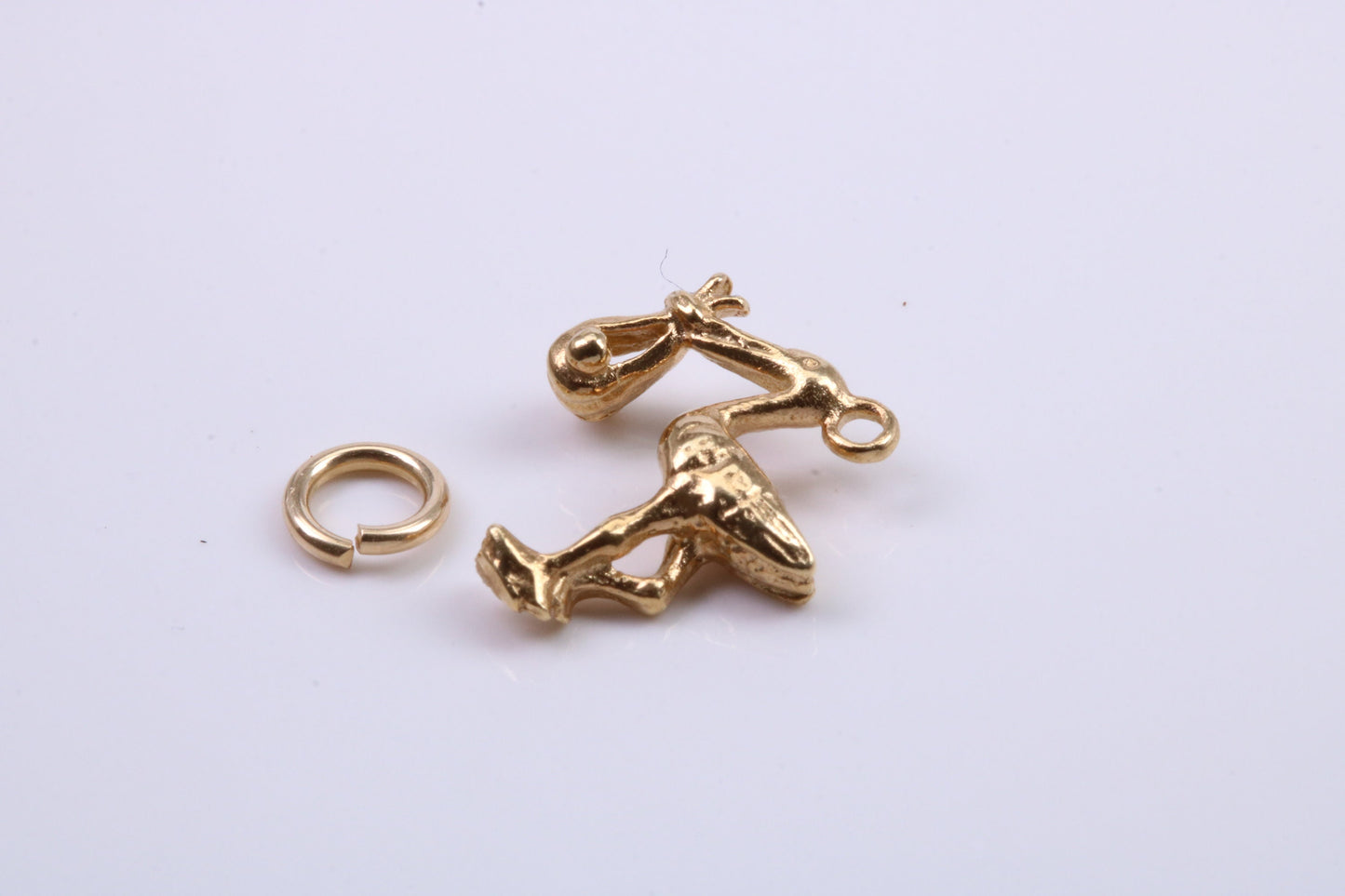 Flying Stork Delivering Baby Charm, Traditional Charm, Made from Solid 9ct Yellow Gold, British Hallmarked, Complete with Attachment Link