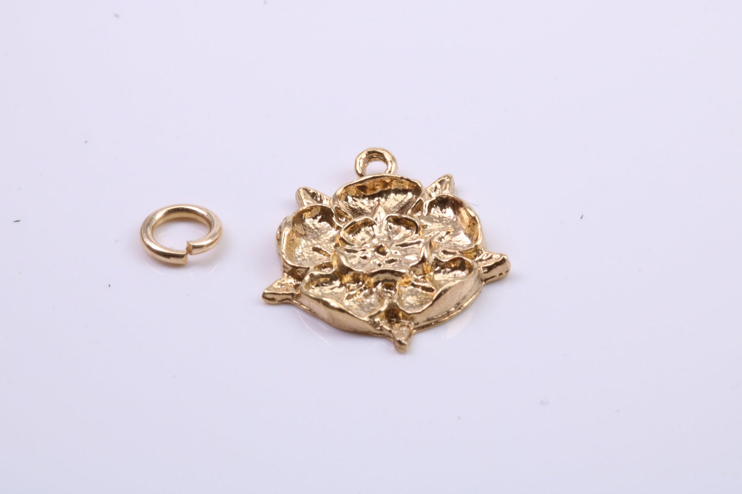 Tudor Rose Charm, Traditional Charm, Made from Solid 9ct Yellow Gold, British Hallmarked, Complete with Attachment Link