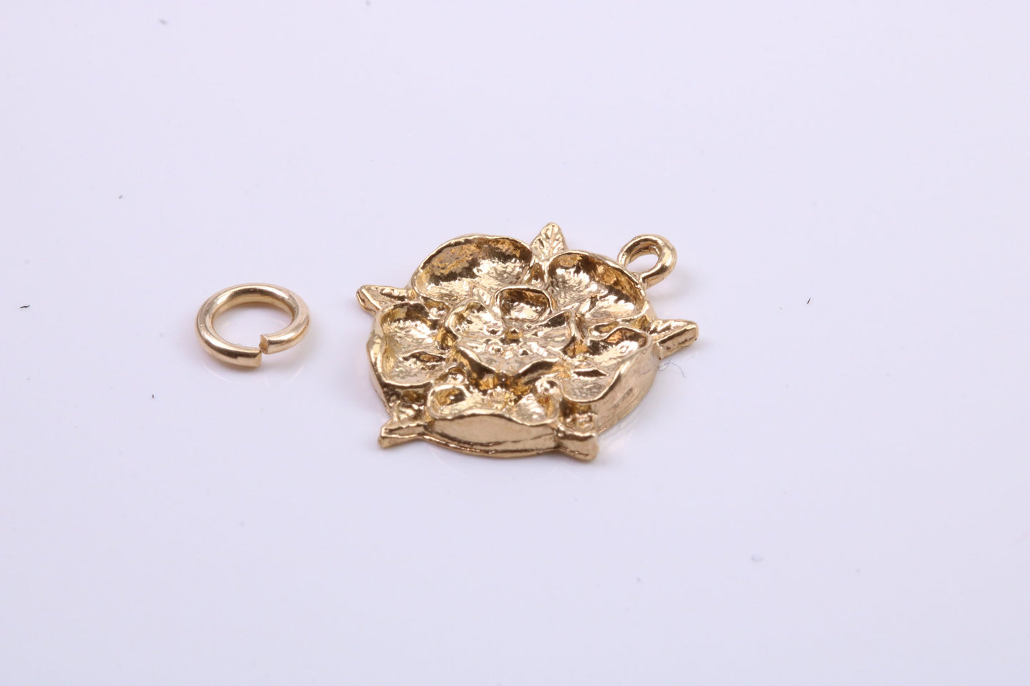 Tudor Rose Charm, Traditional Charm, Made from Solid 9ct Yellow Gold, British Hallmarked, Complete with Attachment Link