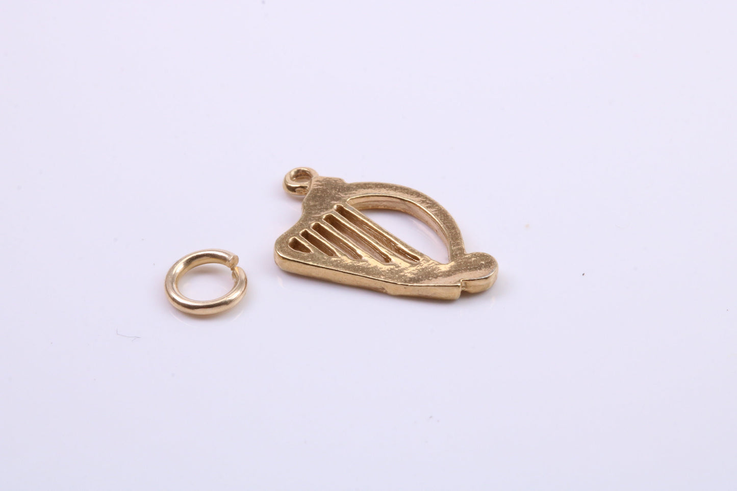 Harp Charm, Traditional Charm, Made from Solid 9ct Yellow Gold, British Hallmarked, Complete with Attachment Link