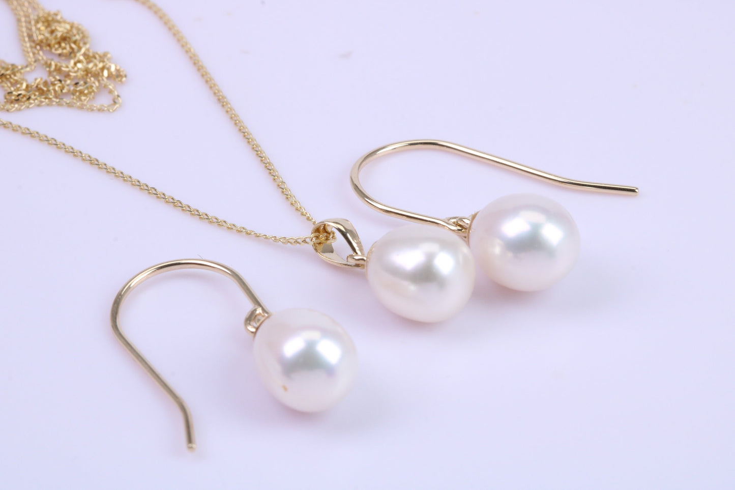 Real Pearl Necklace and Matching Earrings set in Solid Yellow Gold Together with 18 Inch Yellow Gold Chain