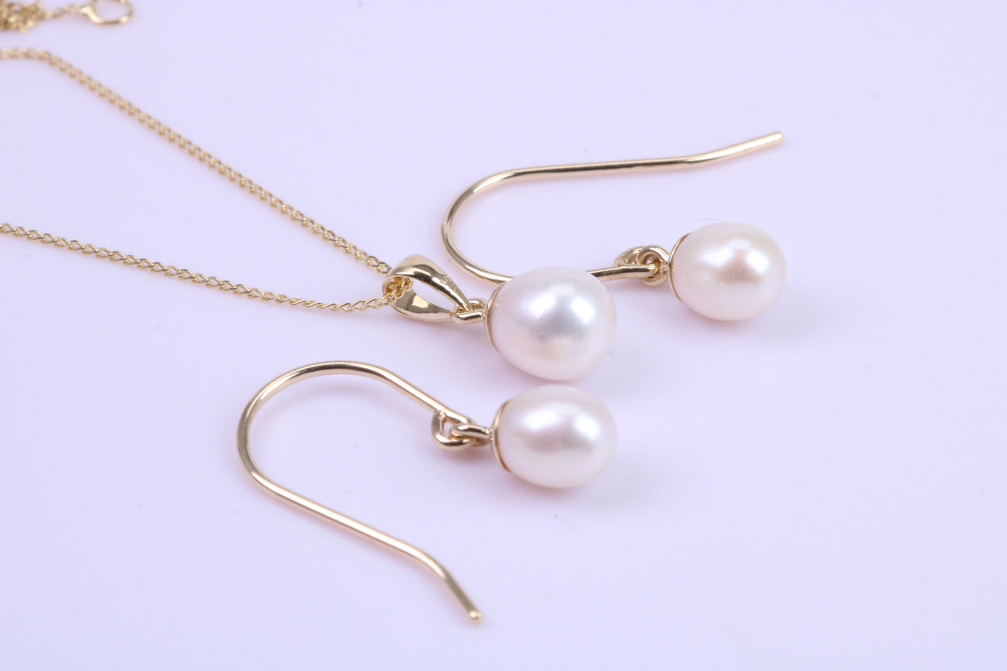 Real Pearl Necklace and Matching Earrings set in Solid Yellow Gold Together with 18 Inch Yellow Gold Chain