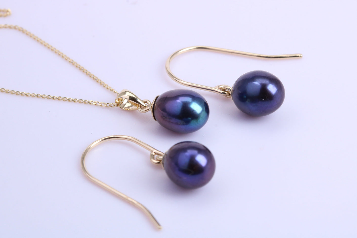 Teardrop Pearl Necklace and Matching Earrings set in Solid Yellow Gold Together with 18 Inch Yellow Gold Chain