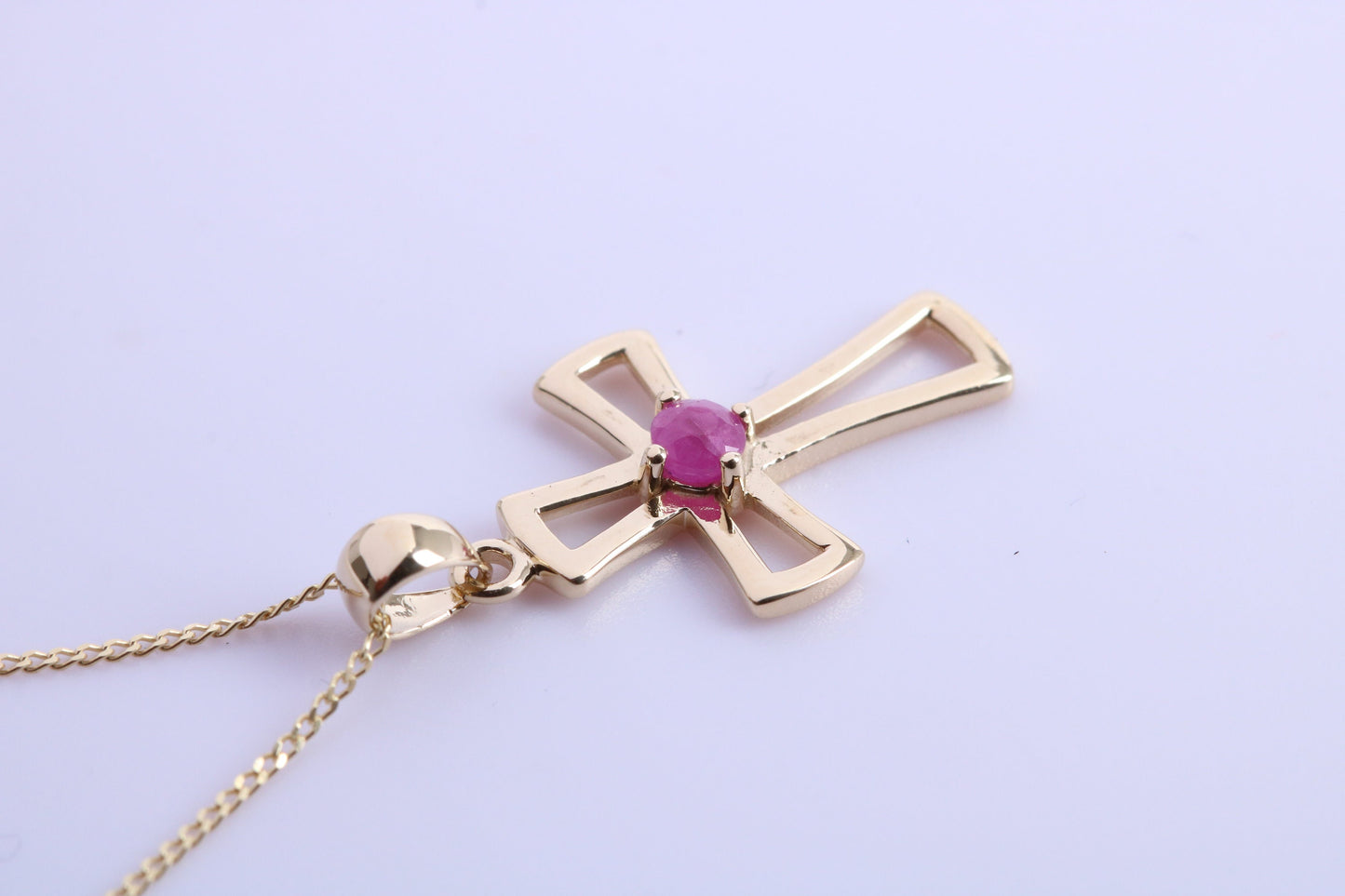 Natural Ruby set 25 mm Long Cross Together with 18 Inch Long Chain, Made from Solid Yellow Gold with High Polished Finish