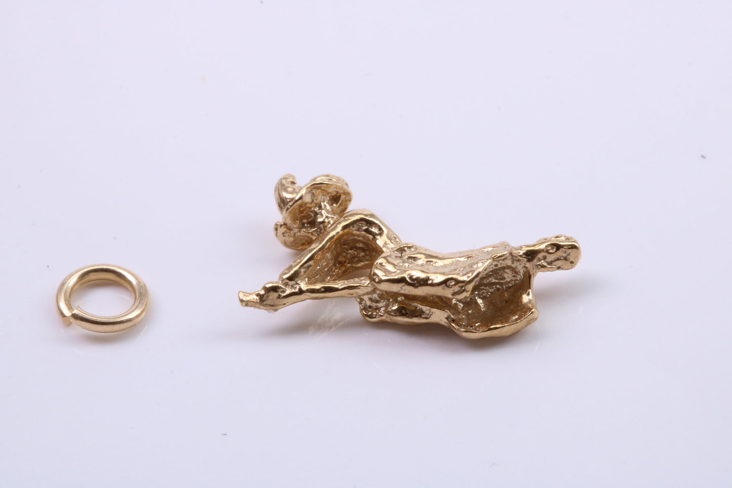 Witch on Broom Stick Charm, Traditional Charm, Made from Solid 9ct Yellow Gold, British Hallmarked, Complete with Attachment Link