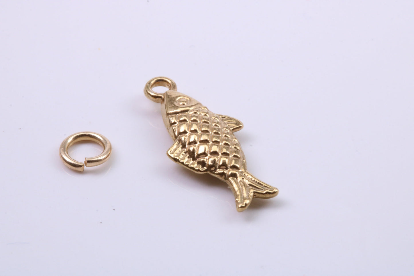 Fish Charm, Traditional Charm, Made from Solid 9ct Yellow Gold, British Hallmarked, Complete with Attachment Link