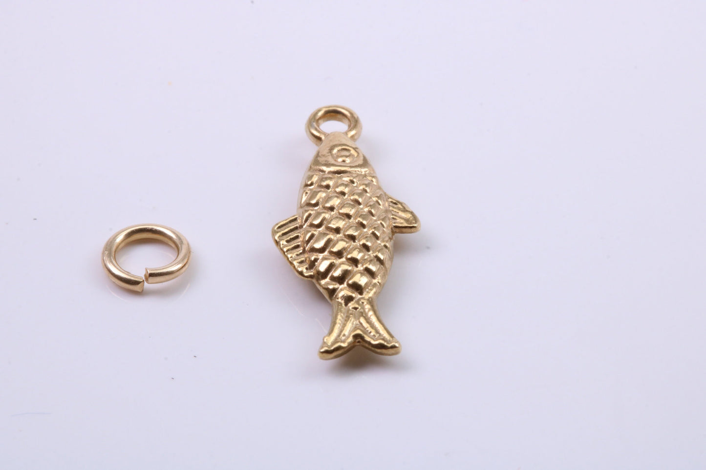 Fish Charm, Traditional Charm, Made from Solid 9ct Yellow Gold, British Hallmarked, Complete with Attachment Link