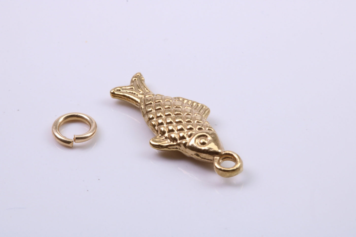 Fish Charm, Traditional Charm, Made from Solid 9ct Yellow Gold, British Hallmarked, Complete with Attachment Link