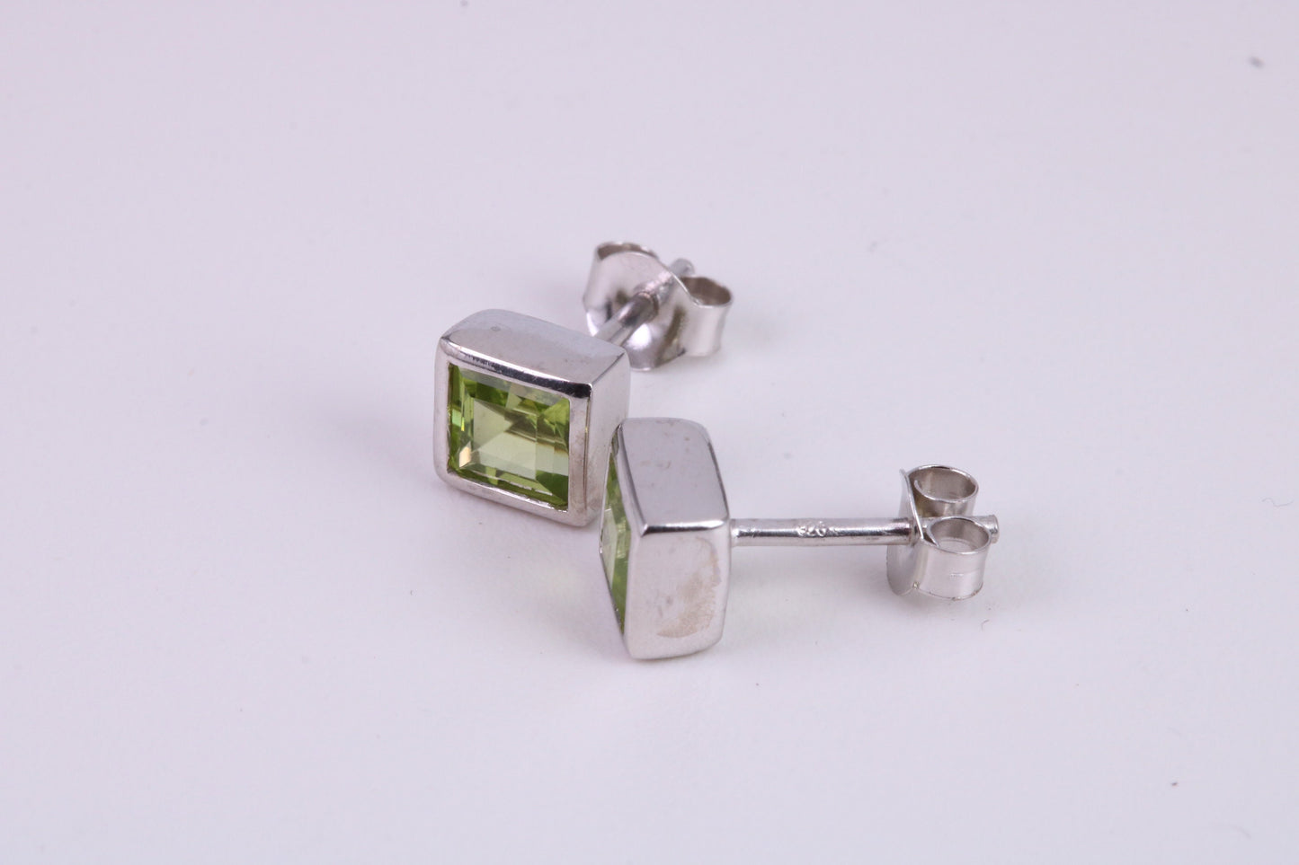 Real 6 mm Square cut Peridot set Stud Earrings, Very Dressy, Made from Solid 925 Grade Sterling Silver