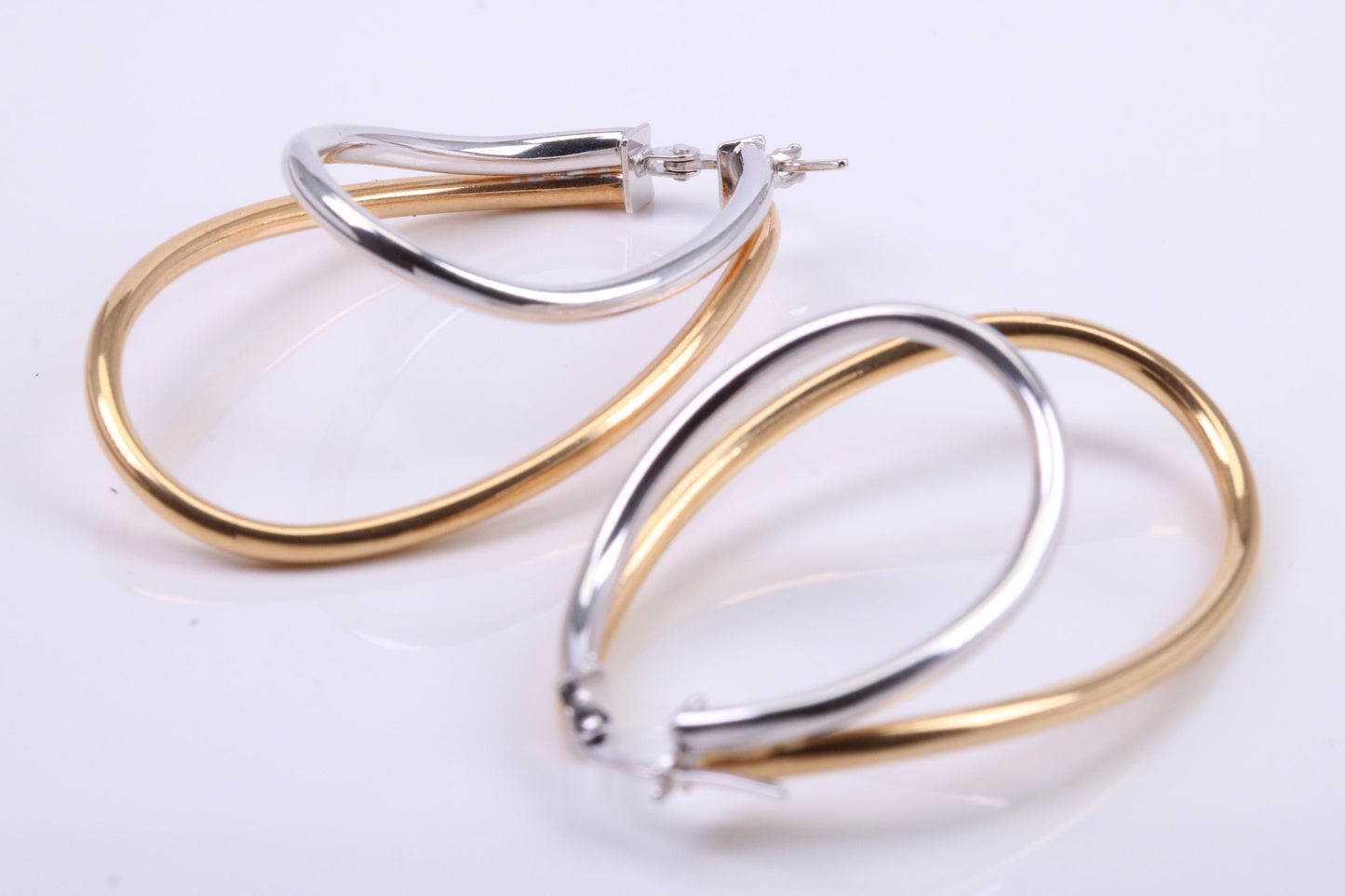 Large 41 mm Long Two Colour Hoop Creole Earrings Made from 9ct Yellow and White Gold, British Hallmarked