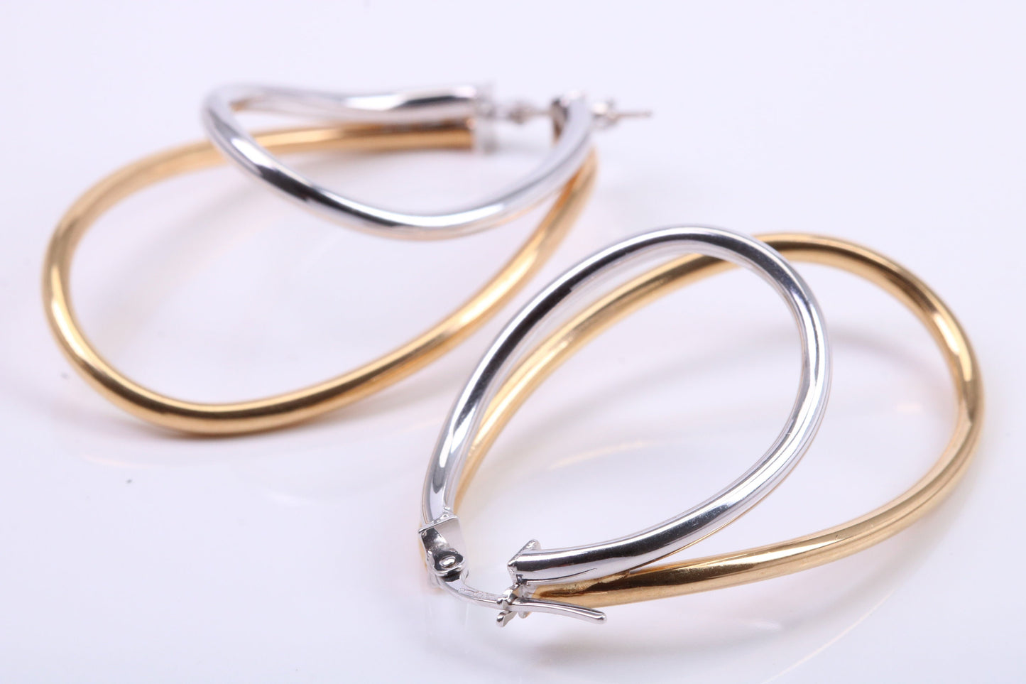 Large 41 mm Long Two Colour Hoop Creole Earrings Made from 9ct Yellow and White Gold, British Hallmarked