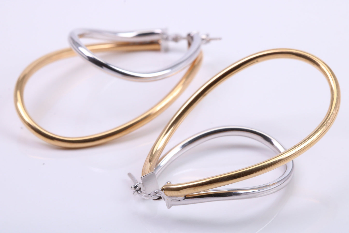 Large 41 mm Long Two Colour Hoop Creole Earrings Made from 9ct Yellow and White Gold, British Hallmarked