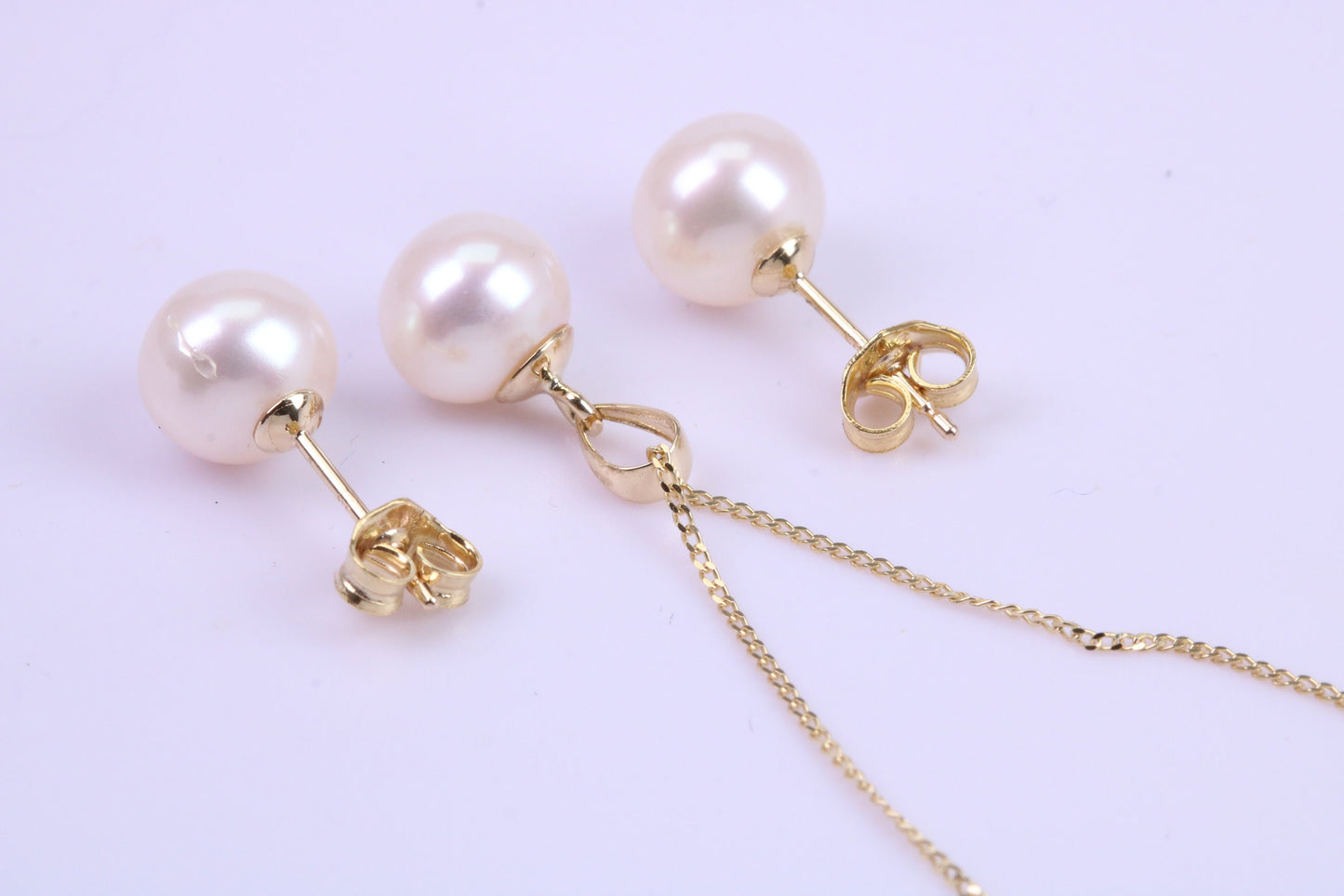 Real Pearl Necklace and Matching Earrings set in Solid Yellow Gold Together with 18 Inch Yellow Gold Chain