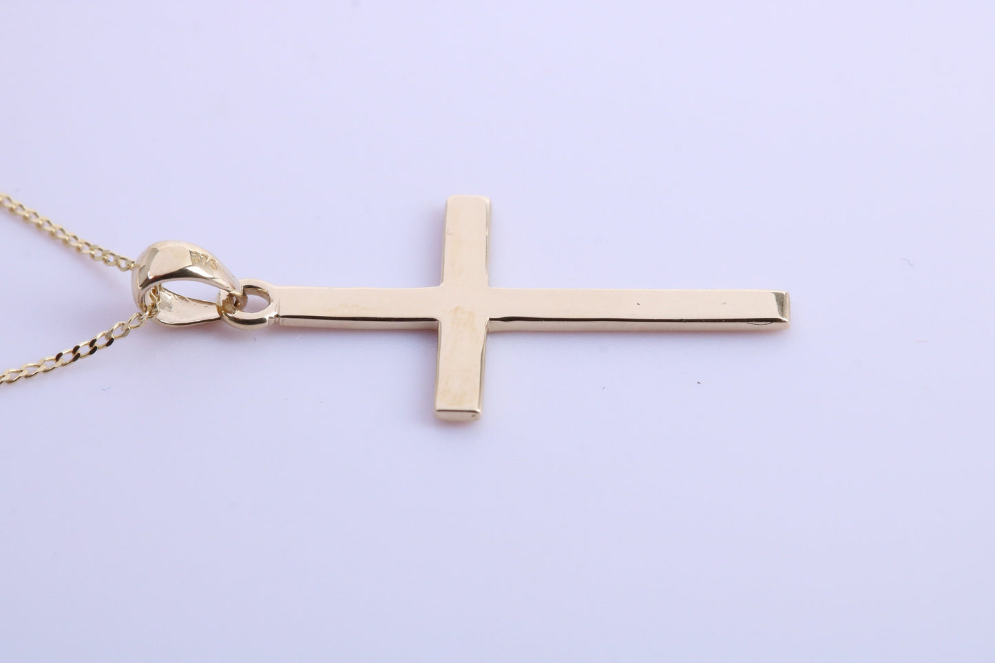 Simple 33 mm Long Cross Together with 18 Inch Long Chain, Made from Solid Yellow Gold with High Polished Finish