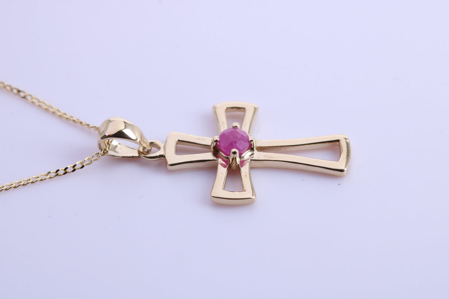 Natural Ruby set 25 mm Long Cross Together with 18 Inch Long Chain, Made from Solid Yellow Gold with High Polished Finish